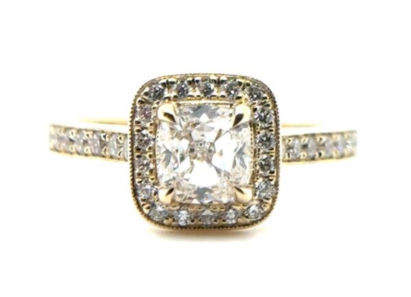 Cushion Halo Pave Diamond Ring in Yellow Gold