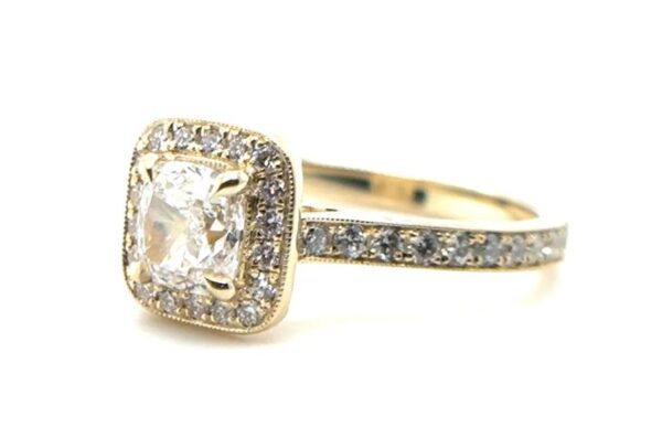 Cushion Halo Pave Diamond Ring in Yellow Gold - Image 2
