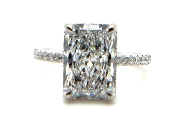 Radiant Cut Center Diamond Hidden Halo with Diamond Band Engagement Ring